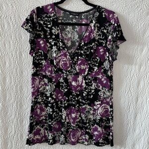 Perception Women Floral Print Surplice V-Neck Short Sleeve Blouse